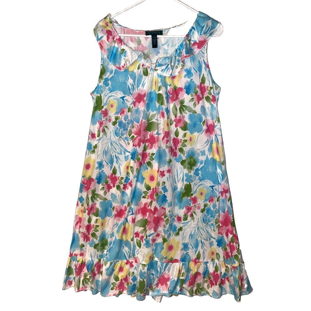 Ralph Lauren  Floral Ruffle Trim Dress Size M watercolor floral 100% cotton